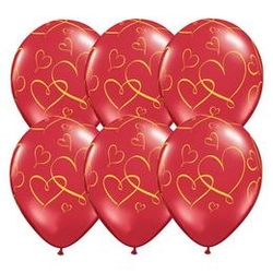 11 inch-es, 28cm Romantic Heart - Arany Szíves Mintás Ruby Red Lufi, 6 db/csomag