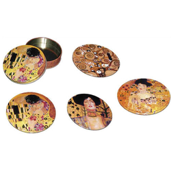 Poháralátét, fém és parafa kombináció, 4 db-os szett díszdobozban, Klimt dekor