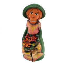 Panka baba, 25cm, virágcsokorral, kalapban,  sötétzöld ruhában