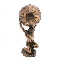 Atlasz isten, bronz hatású polyresin szobor, nyitható földgömb, 14x32x14cm