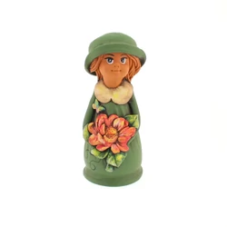 Panka baba, 21cm, zöld ruhában, narancssárga virággal