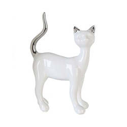 Kerámia szobor, Milly cica, fehér és ezüst, 12x17x5cm