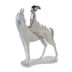Polyresin szobor,  lovas kislány, ezüst és fehér, 18x25x8cm