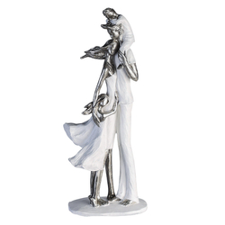 Polyresin szobor, szerencsés család, ezüst és fehér,14x36x10cm