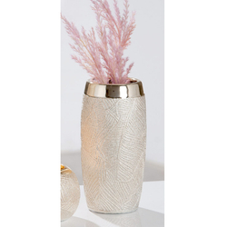 Kerámia váza, levéllenyomat mintázatú, ezüst, 11x23x11cm