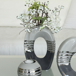 Kerámia váza, ovális, szürke és ezüst, 15x23x8cm