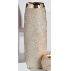 Kerámia váza, levéllenyomat mintázatú, ezüst, 14x40x14cm