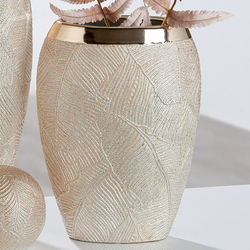 Kerámia váza, levéllenyomat mintázatú, ezüst, 23x35x12cm