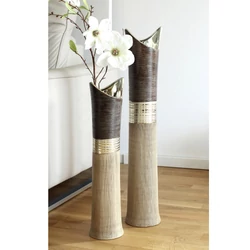 Kerámia padlóváza, bézs, ezüst és bronzbarna, 15x15x81cm