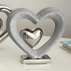 Kerámia szobor, Dupla szív, ezüst és szürke, 15x14x5cm