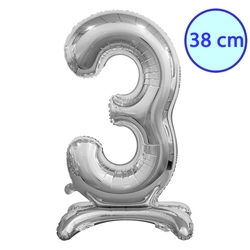 3-as szám talpas fólia lufi 38cm, ezüst, csak levegővel fújható
