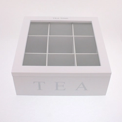 Fa teafilter tartó doboz, üveg tető, TEA TIME, fehér, 22x8,5x22cm, 9 rekesz