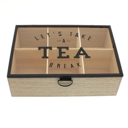 Fa teafilter tartó doboz üveg tetővel, fekete felirat, 6 rekeszes