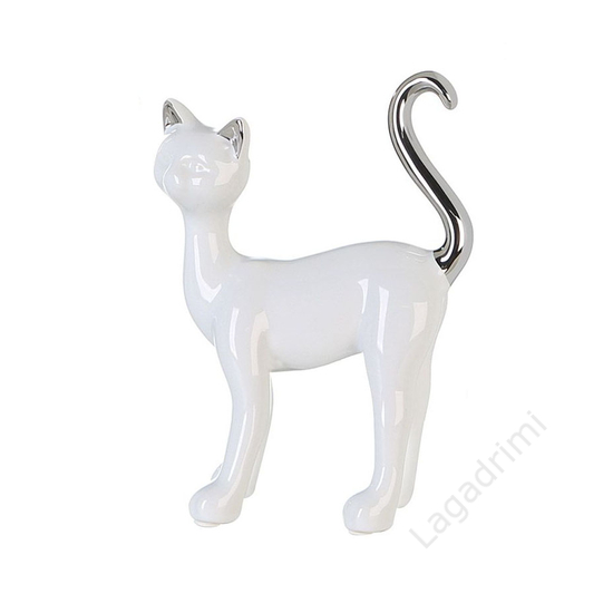 Kerámia szobor, Milly cica, fehér és ezüst, 11x17x7cm