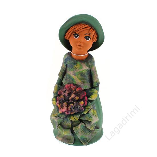 Panka baba, 25cm, virágcsokorral, kalapban, zöld ruhával
