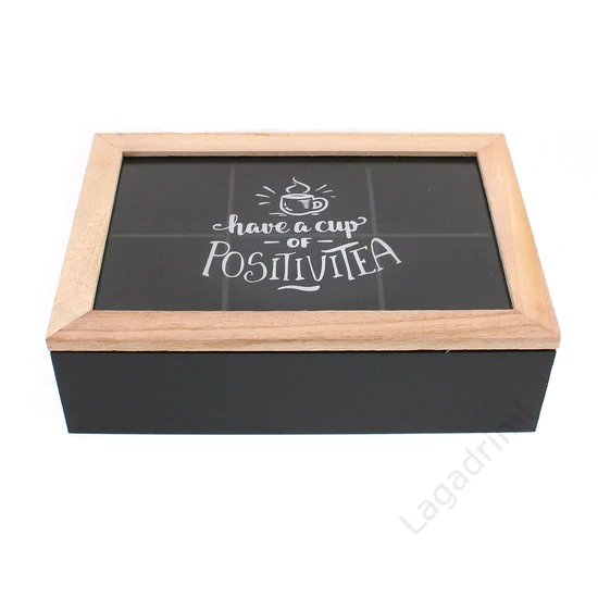 Fa teafilter tartó doboz, üveg tető, PositiviTEA, fekete, 24x7x16,5cm, 6 rekesz