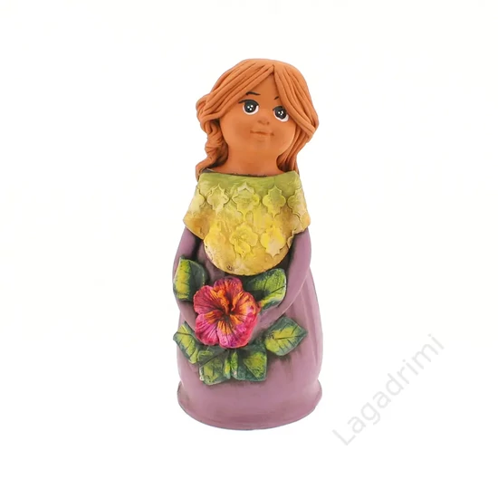 Panka baba, 21cm, lila ruhában, ciklámen virággal