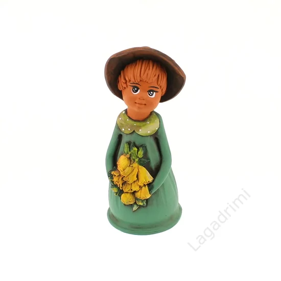 Panka baba, 21cm, zöld ruhában, barna kalapban