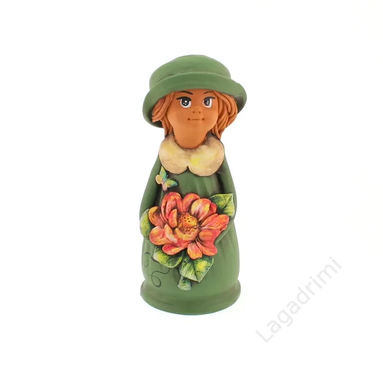 Panka baba, 21cm, zöld ruhában, narancssárga virággal