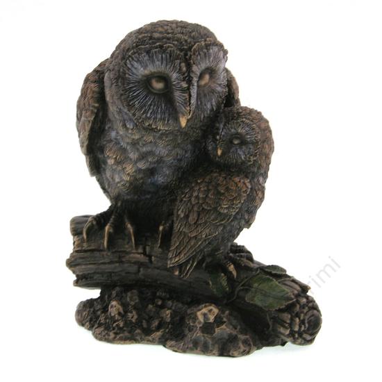 Bagoly család, bronz hatású polyresin szobor, 12x13x10cm 