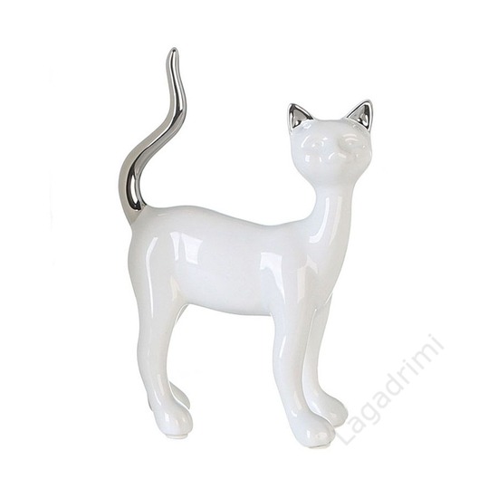 Kerámia szobor, Milly cica, fehér és ezüst, 12x17x5cm