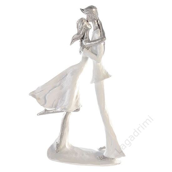 Polyresin szobor, Csók, fehér és ezüst, 20x32x9cm