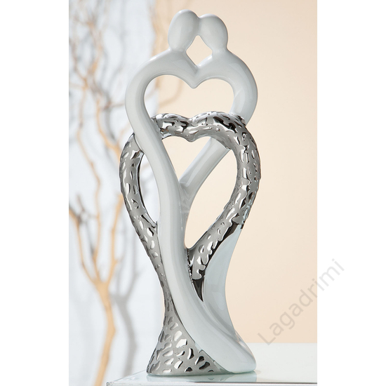 Kerámia szobor - ezüst-fehér -heart in heart-, 13,5x34x6,5cm - Gilde