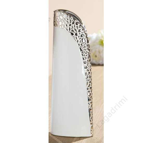 Kerámia váza, fehér és ezüst, 13x35x9cm