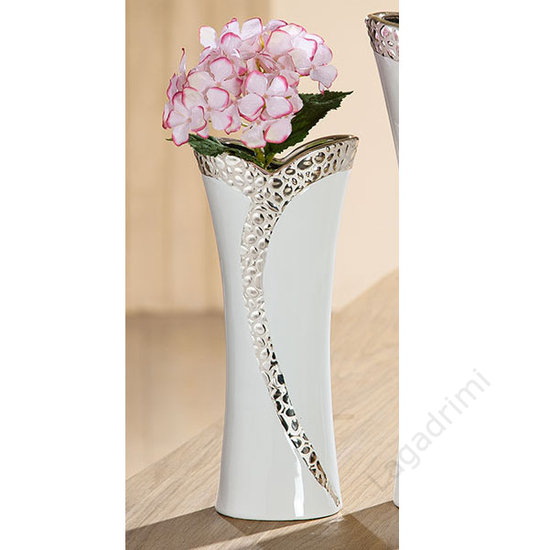 Kerámia váza, fehér és ezüst, 13x29x8cm