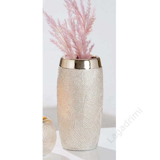 Kerámia váza, levéllenyomat mintázatú, ezüst, 11x23x11cm