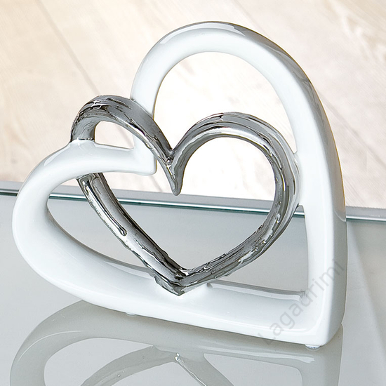 Kerámia szobor - szív - Heartly Connection - fehér-ezüst, 17,5x17x5cm - Gilde