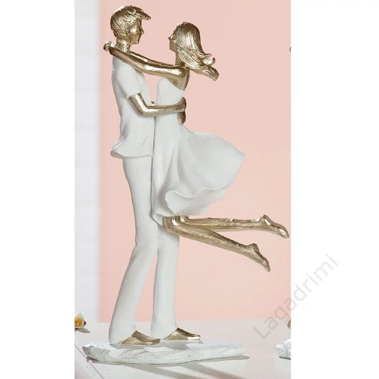 Polyresin szobor, szerelmes pár, arany és fehér színű, 18,5x32,5x9,5cm