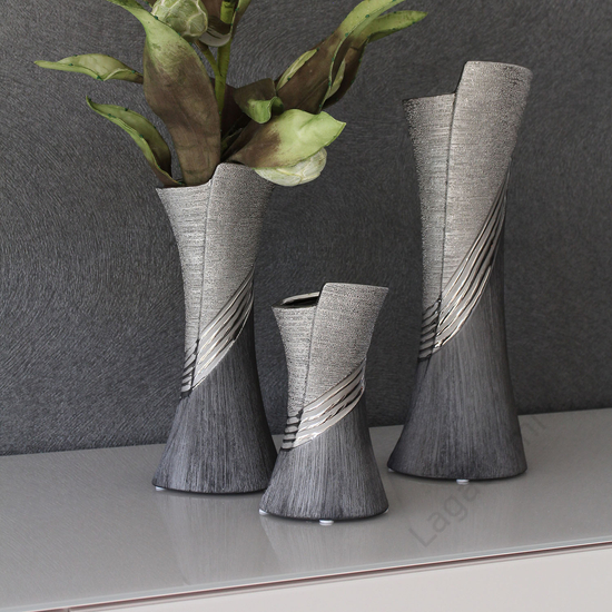Kerámia váza, ezüst és szürke, 13x30x10cm