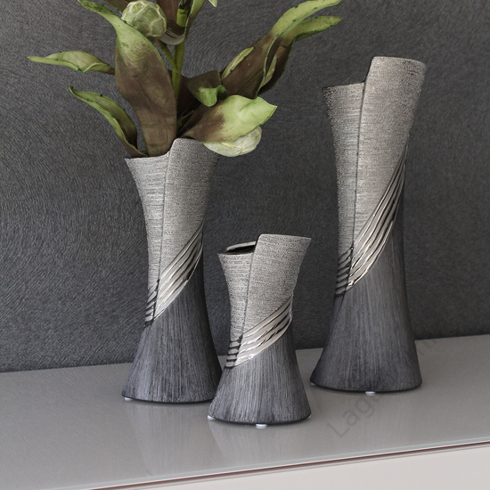 Kerámia váza, ezüst és szürke, 10,5x13,5x38cm