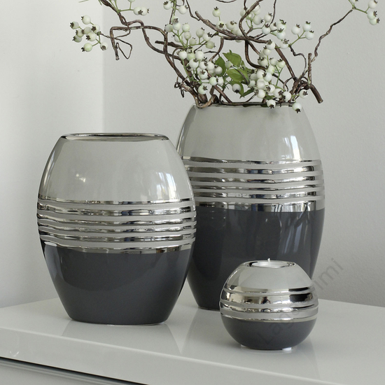Kerámia váza, szürke és ezüst, 19,5x21,5x8,5cm
