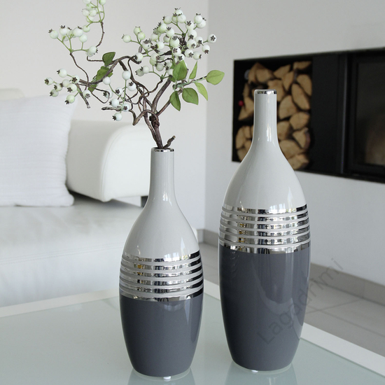 Kerámia váza, szürke és ezüst, 11x30x11cm
