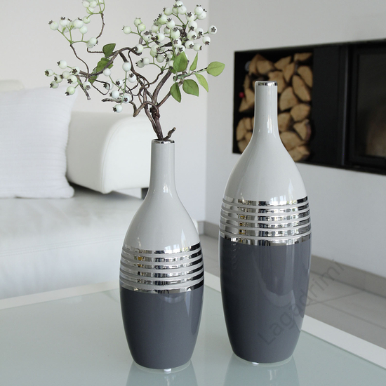 Kerámia váza, szürke és ezüst, 12,5x37,5x12,5cm