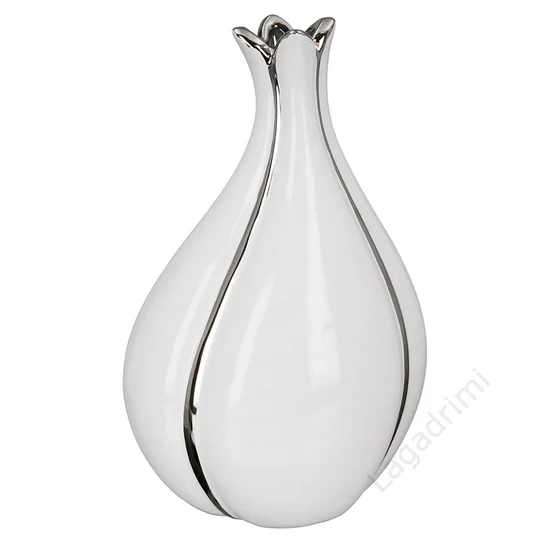 Kerámia váza, Tulip,  fehér és ezüst, 10x20x13cm