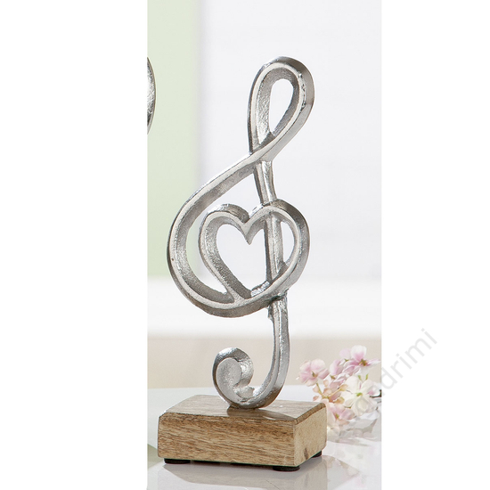 Aluminium violinkulcs szobor, fa talppal, 8x22x7cm