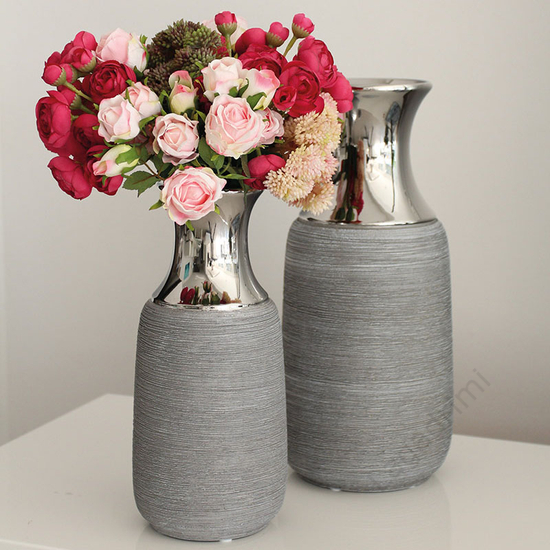 Kerámia váza, szürke és ezüst, 15x34x15cm