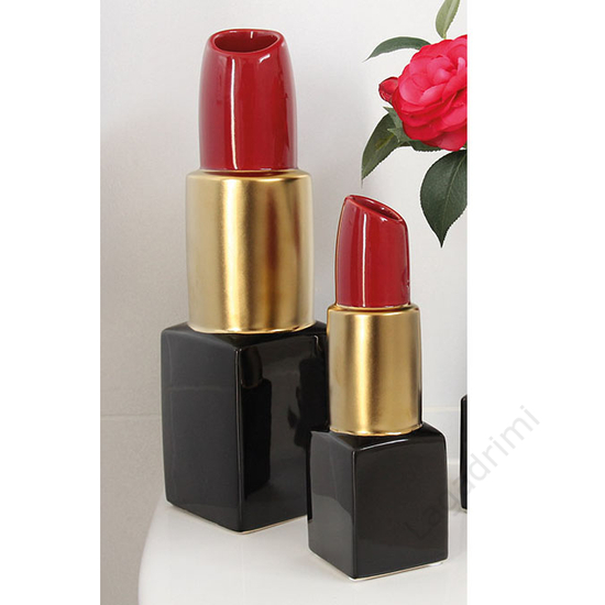 Kerámia váza, rúzs, arany, fekete és piros, 20cm