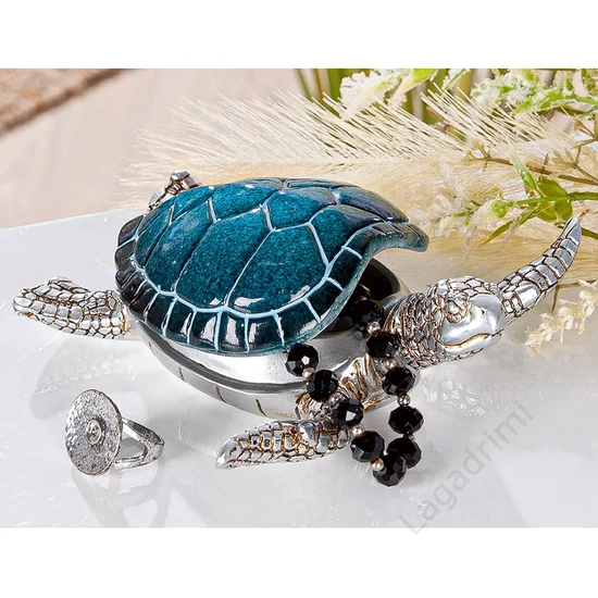 Teknős, ékszertartó, polyresin, kék és ezüst, 16x16x6cm