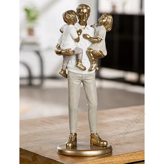 Polyresin szobor, apa és gyerekek, 10x26x8cm