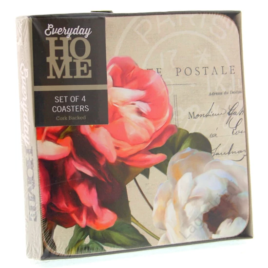Poháralátét csomag, 4db, parafa hátú, 10,5x10,5cm, Postcard Floral