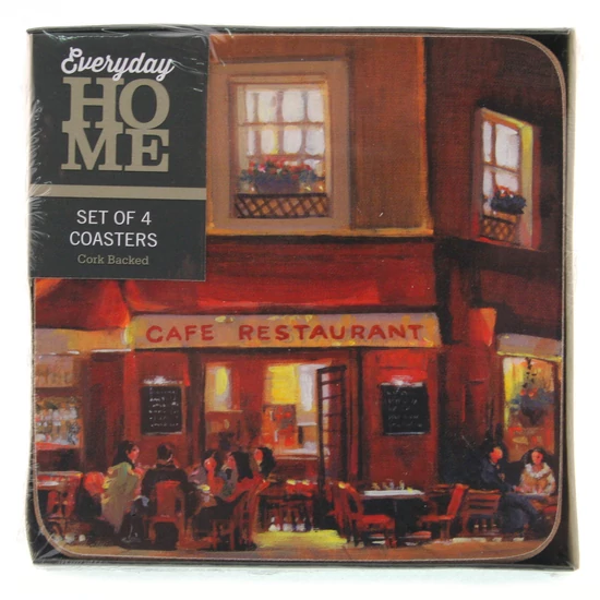 Poháralátét csomag, 4db-os, parafa hátú, 10,5x10,5cm, Evening Café