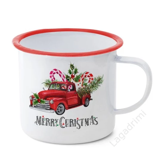 Bádog bögre, Merry Christmas felirat, 0,5L, piros-fehér