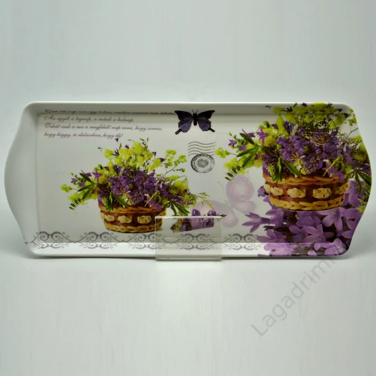 Műanyag tálca, 33x16cm - Lila virágcsokor