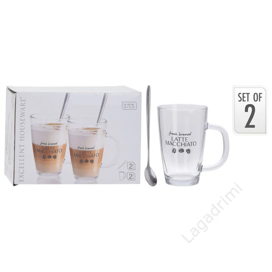 Latte Macchiato pohár szett, 2db bögre, 2 db kanál