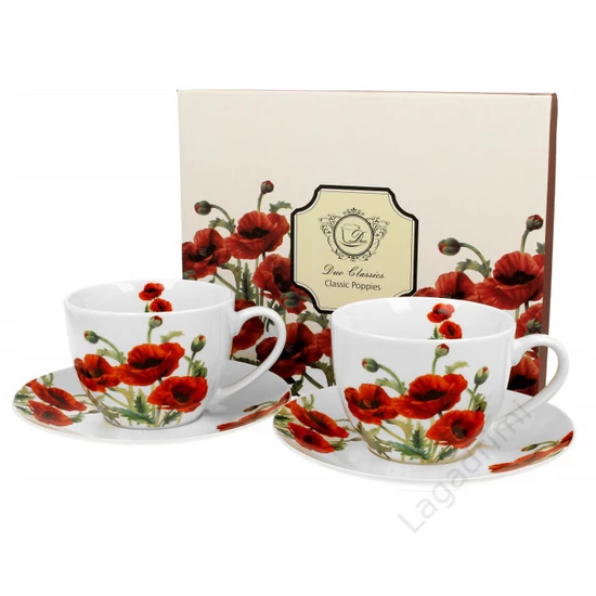 Porcelán teás, kávés szett Pipacs, 2db csésze, 2 db alátét, 220ml